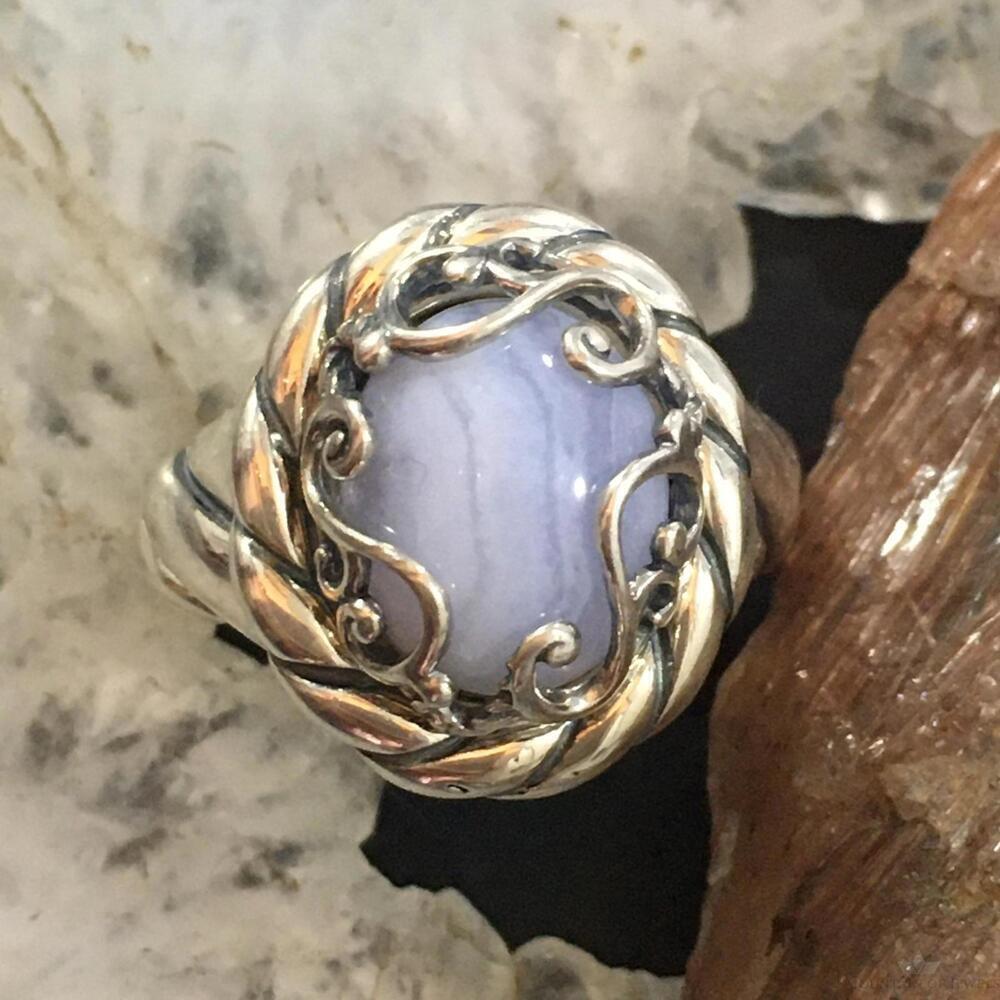 Carolyn Pollack Sterling Oval Blue Lace Agate Decorated Ring Size 8 For Women - Picture 6 of 10